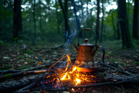 Tea pot on the bonfire in the woods. Camping conceptの素材