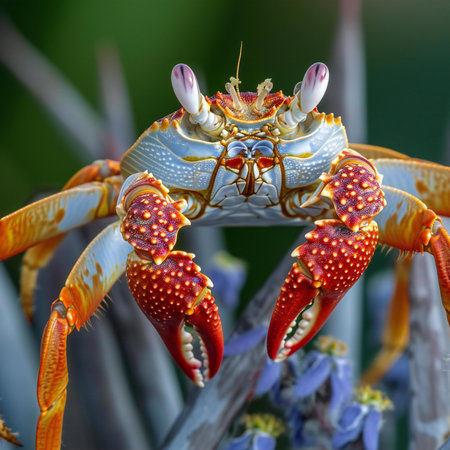 Close-up of a red and yellow crab on a flower.の素材