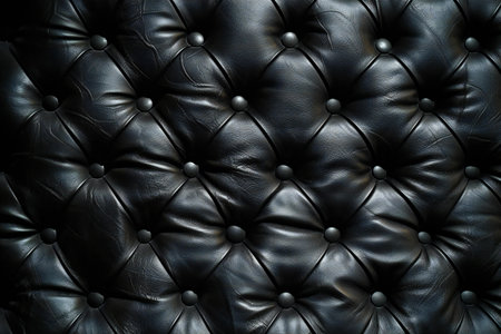 Black leather upholstery texture background with buttons.の素材