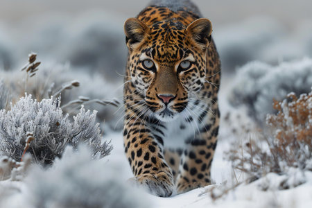Amur leopard in the snow, Namibia, Africa.の素材