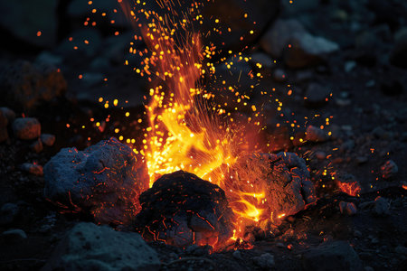 Burning coals in a campfire, close-up.の素材