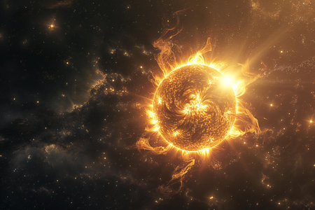 Fiery sun in the space.の素材