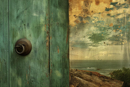 Wooden door to the sea. Grunge textures and backgroundの素材