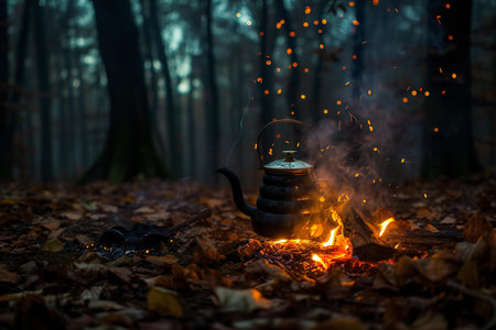 Coffee pot on the fire in the autumn forest. Selective focusの素材