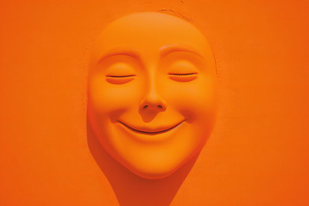 Smiling face on orange wall background, closeup of photo.の素材