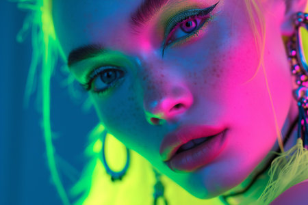 Close-up portrait of a beautiful young woman with bright make-upの素材