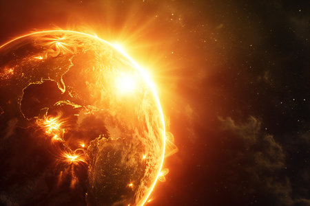 Earth planet in space with sunrise.の素材