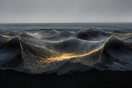 illustration of a wavy ocean with golden lights on itの素材