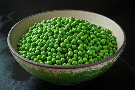 Green peas in a ceramic bowl on a dark background. Selective focus.の素材