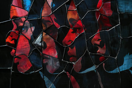 Stained glass window with red and blue colors. Toned.の素材