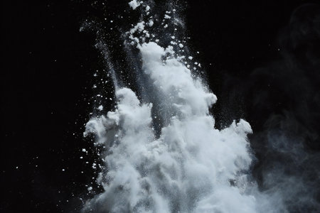 White powder explosion isolated on black background. Abstract white dust cloud texture.の素材