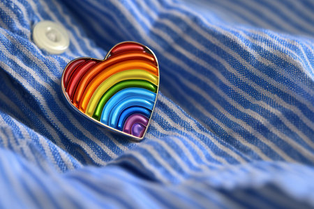 Rainbow heart with buttons on a blue striped shirt close-upの素材