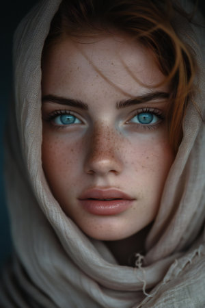 Portrait of a beautiful young woman with freckles and blue eyesの素材