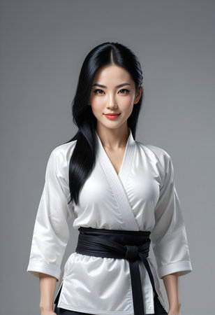 Portrait of a beautiful asian karate woman in kimonoの素材
