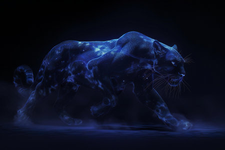 a big cat in the dark with a blue backgroundの素材