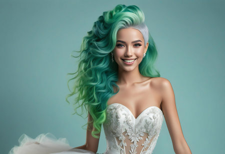 Portrait of a beautiful girl with turquoise hair and white wedding dressの素材