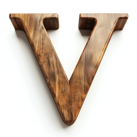 Wooden letter V isolated on white background.の素材