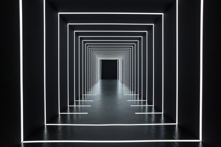 Futuristic corridor with glowing neon lights.の素材