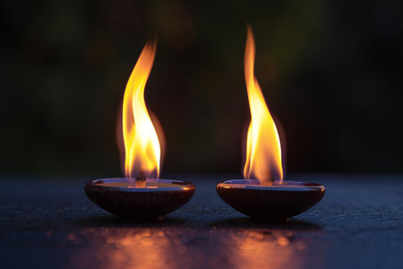 Burning Diwali diya lamps lit during Dipavali, Hindu festival of lights celebration.の素材