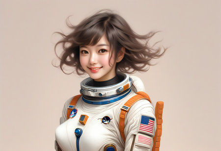 Beautiful asian woman wearing cosmonaut suit with flying hairの素材