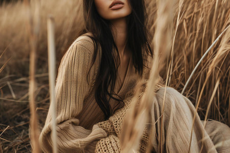 fashion outdoor photo of beautiful sensual woman with dark hair in elegant clothes posing in wheat fieldの素材