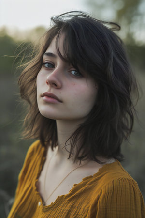 Portrait of a beautiful young brunette girl in a yellow dressの素材