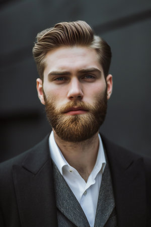 Portrait of a young handsome man with a beard in a business suit.の素材