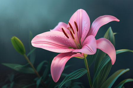 Beautiful pink lily flower on a dark background with bokehの素材
