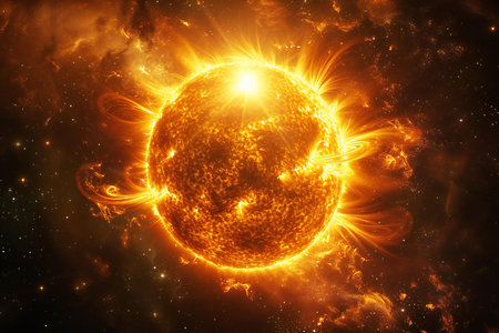 abstract fire planet in space.の素材