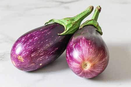 Two purple eggplants on white marble background. Close up.の素材