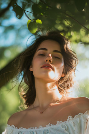 Portrait of a beautiful young woman in a white dress on the natureの素材