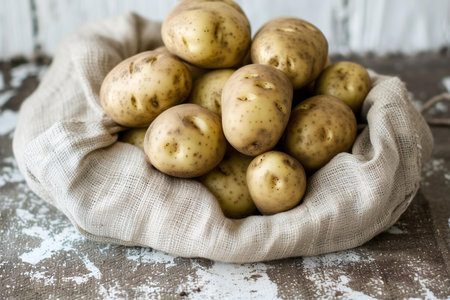 Potatoes in a burlap bag on a rustic wooden backgroundの素材