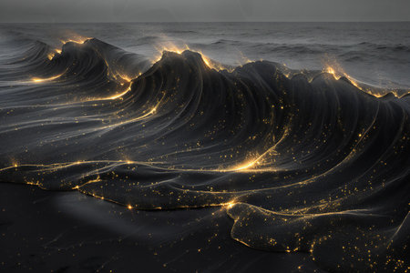 illustration of a stormy sea with glowing waves and golden lightsの素材