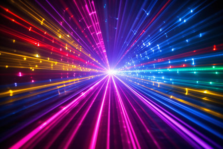 abstract background with rays of light and beams of different colors.の素材