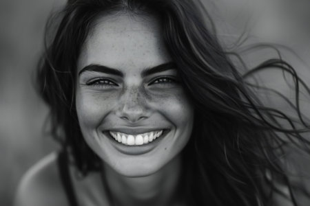 Black and white portrait of a beautiful young woman with freckles.の素材
