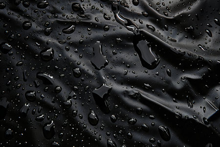 Water drops on black fabric. Raindrops on black fabric background.の素材