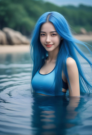 Beautiful asian girl with blue hair swimming in the pool.の素材