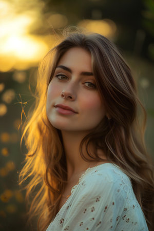 Portrait of a beautiful young woman with long hair on the natureの素材