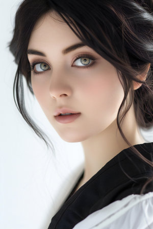 portrait of a beautiful young brunette woman on a white backgroundの素材
