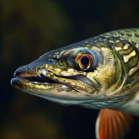 Pike head close-up on a dark background. Fish.の素材