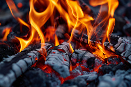 Burning coals in the fireplace close-up. Abstract backgroundの素材