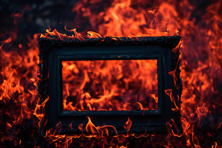 Old photo frame on the background of burning fire. Close up.の素材