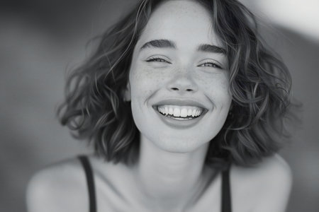 Black and white portrait of a beautiful young woman with frecklesの素材