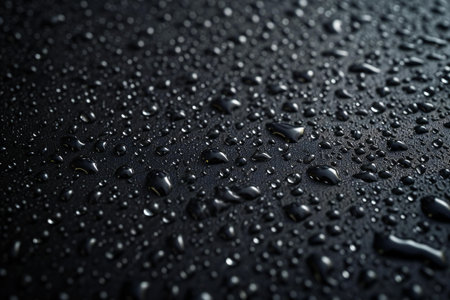 Water drops on a black background. Water drops on a black surface.の素材