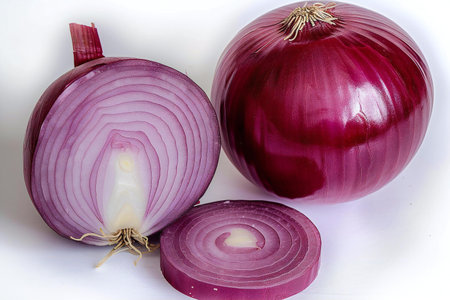 Red onion isolated on white background. Top view. Close up.の素材
