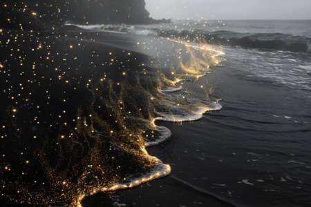 Fantastic black sand beach with golden glowing lights in the ocean.の素材