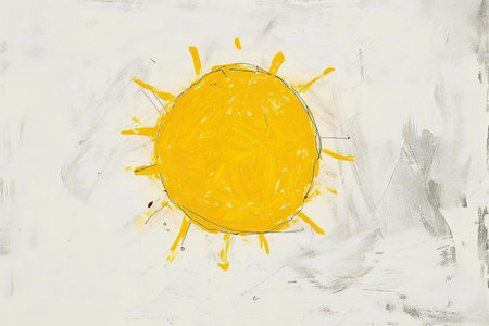 Sun painted in yellow on a white background. Hand-drawn illustration.の素材