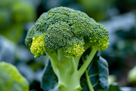 Close up of fresh green broccoli in the vegetable garden, selective focusの素材