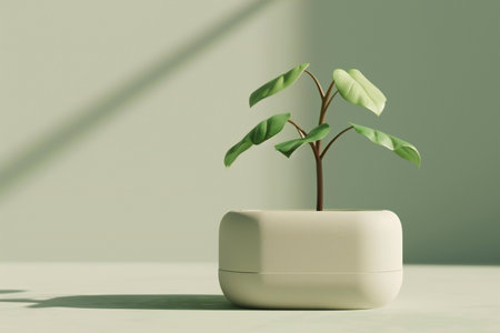 green plant in pot on white table with shadowの素材