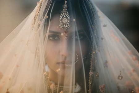 Portrait of a beautiful bride in a wedding dress and veil.の素材